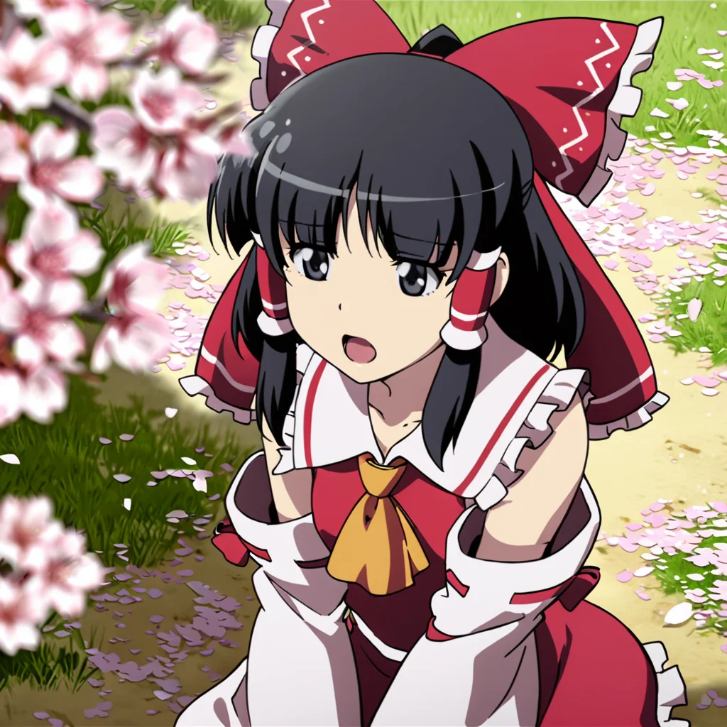 masterpiece, best quality, <lora:tgm-xl-a3.1:1>, pixiv,
1girl, solo, hakurei reimu, black hair, cherry blossoms, hair tubes, bow, hair bow, open mouth, red bow, black eyes, blurry, depth of field, tree, short hair, frills, ascot, grass, outdoors, upper body, ribbon, petals, detached sleeves, parody, collarbone