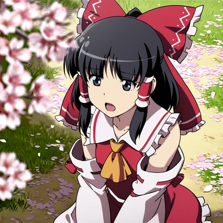 masterpiece, best quality, <lora:tgm-xl-a3.1:1>, pixiv,
1girl, solo, hakurei reimu, black hair, cherry blossoms, hair tubes, bow, hair bow, open mouth, red bow, black eyes, blurry, depth of field, tree, short hair, frills, ascot, grass, outdoors, upper body, ribbon, petals, detached sleeves, parody, collarbone