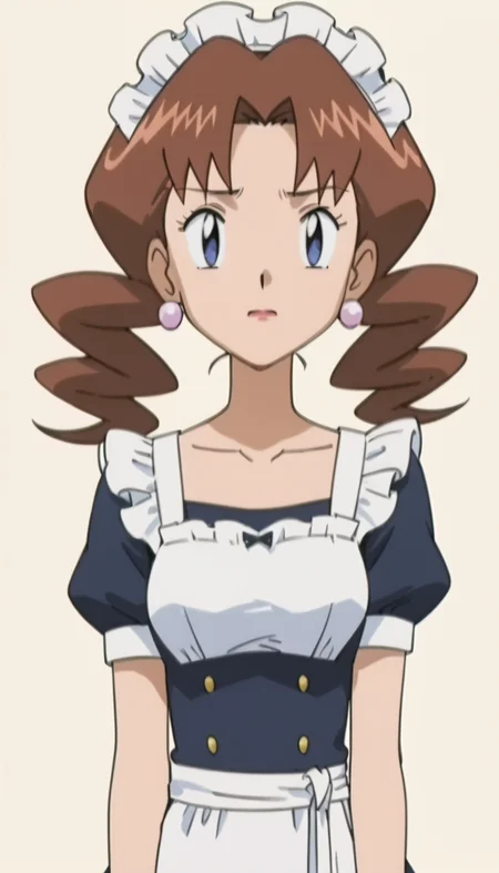 brown hair,earrings,1girl,<lora:Caroline-000008:0.8>,maid,, anime screencap,score_9,simple background,