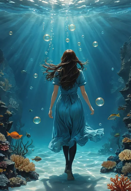 (water-colored), illustration, style of Jessica Galbreth,
(far view, far shot, rear view, facing away:1.3),
(Alice, very long dark brown hair, hair rim lighting, hair in the wind, blue maid dress with short sleeves, black tights, black shoes:1.5),
fog, dreamy, dream, coral, fish, sea weed
(walking, under water, bubbles, coral, fishes, sea weed, ship:2)