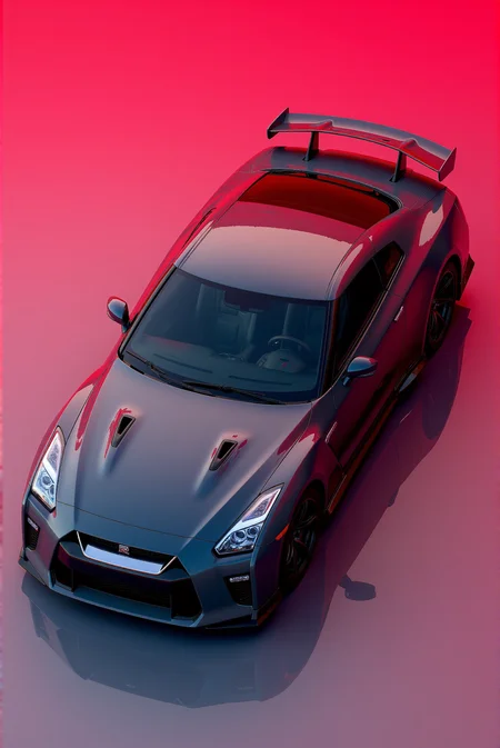<lora:Nissan_GT-R_R35:0.7> A isometric view of a gorgeous Nissan GT-R R35 in all its shining glory. In a style of clean look. The car has dark gray paint job with red undertone. Mirror-like, high gloss finish catches bright highlights. Vibrant color palette.