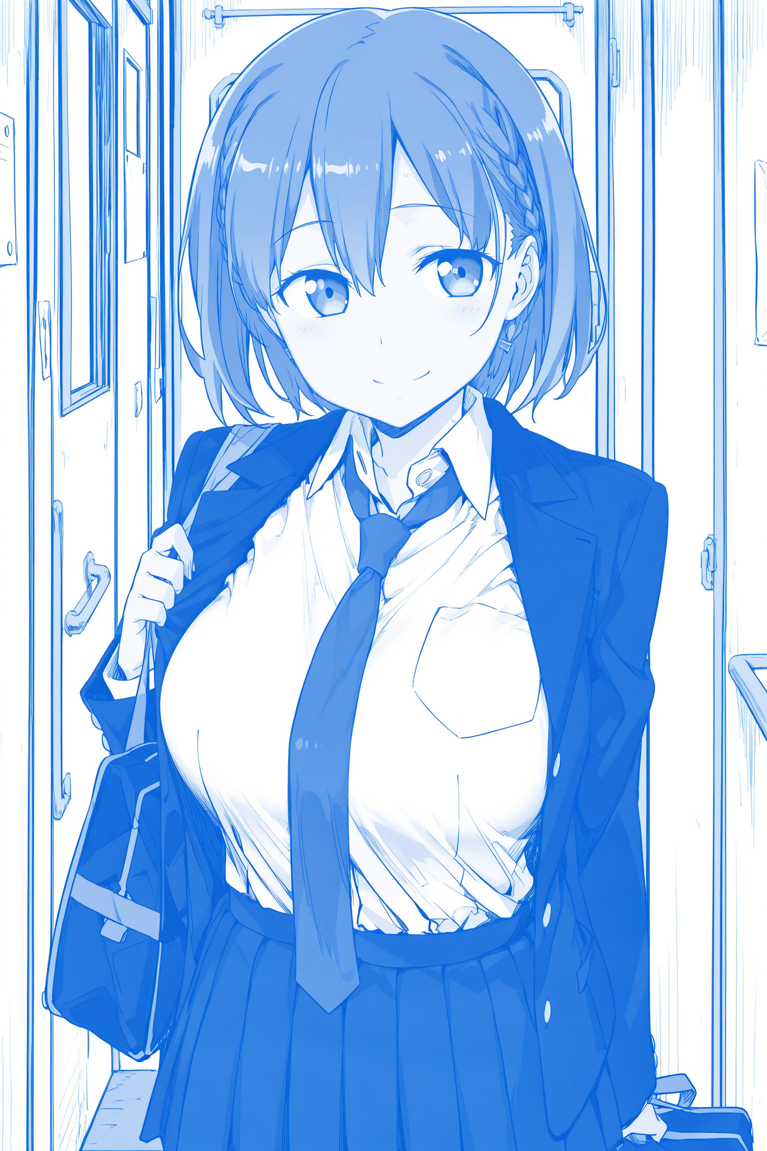 anime screencap, anime coloring, detailed face, masterpiece, best quality, very aesthetic, absurdres, volumetric lighting, official style, amazing quality, ultra detailed, highres, amazing quality, scenery, beautiful detailed hair, beautiful detailed eyes,
 <lora:Ai-chan_Tawawa_on_Monday:1>
blue theme, monochrome, official style, 
Ai-chan (character), 1girl, solo, bag, necktie, skirt, school uniform, breasts, smile, large breasts, short hair, jacket, school bag,
cowboy shot