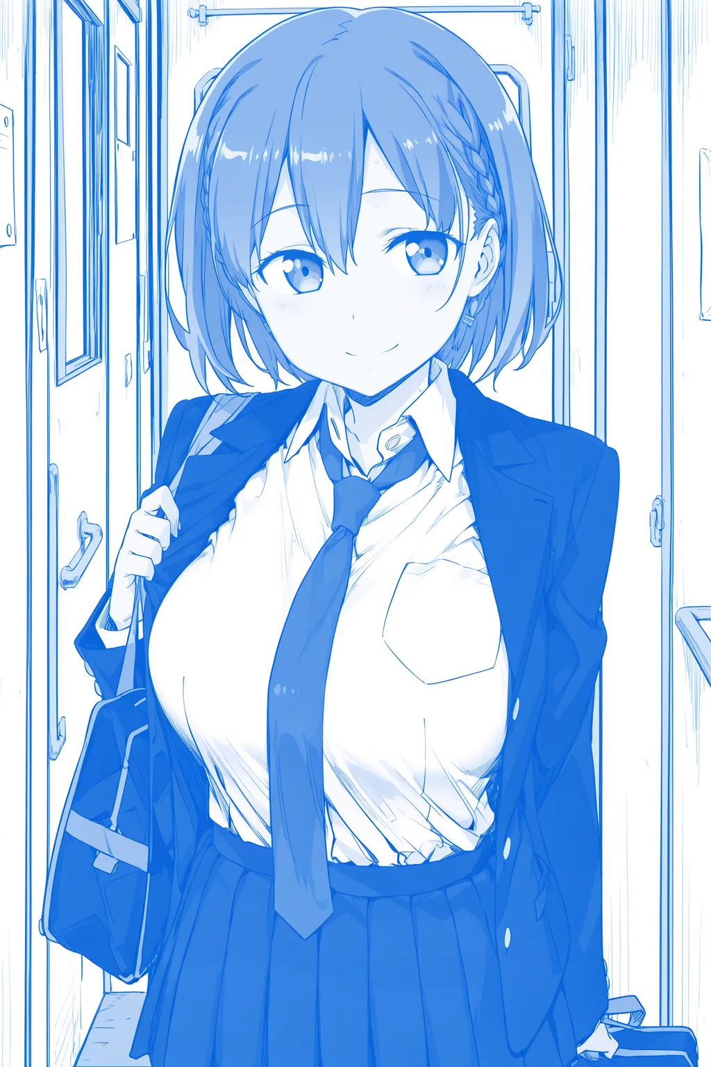 anime screencap, anime coloring, detailed face, masterpiece, best quality, very aesthetic, absurdres, volumetric lighting, official style, amazing quality, ultra detailed, highres, amazing quality, scenery, beautiful detailed hair, beautiful detailed eyes,
<lora:Ai-chan_Tawawa_on_Monday:1>
blue theme, monochrome, official style,
Ai-chan (character), 1girl, solo, bag, necktie, skirt, school uniform, breasts, smile, large breasts, short hair, jacket, school bag,
cowboy shot