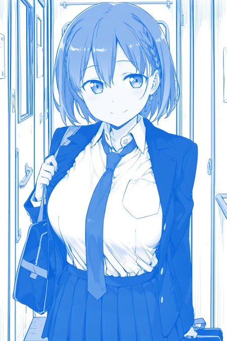 anime screencap, anime coloring, detailed face, masterpiece, best quality, very aesthetic, absurdres, volumetric lighting, official style, amazing quality, ultra detailed, highres, amazing quality, scenery, beautiful detailed hair, beautiful detailed eyes,
<lora:Ai-chan_Tawawa_on_Monday:1>
blue theme, monochrome, official style,
Ai-chan (character), 1girl, solo, bag, necktie, skirt, school uniform, breasts, smile, large breasts, short hair, jacket, school bag,
cowboy shot