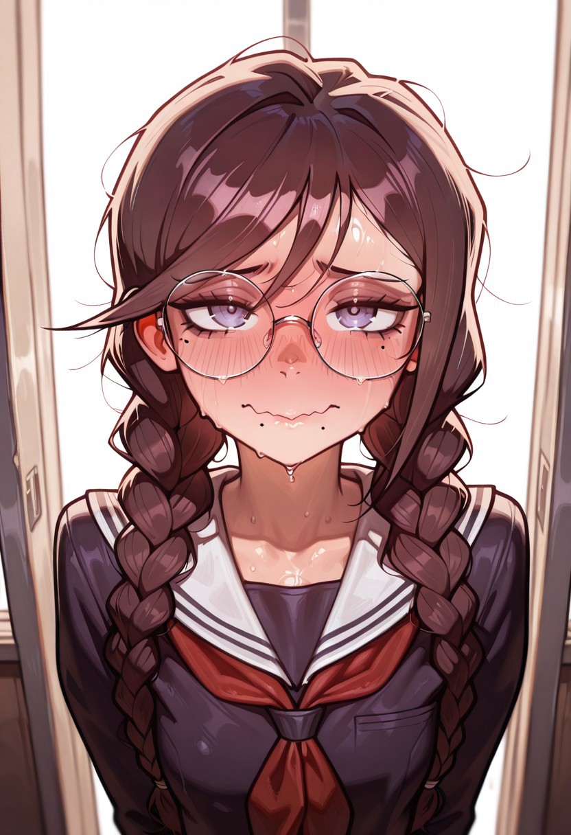 score_9, score_8_up, score_7_up, rating_suggestive, stunning, best quality, high quality, absurd res, ((portrait)), 1girl, solo, portrait, BREAK, fukawa_toko,long hair, braid, glasses, mole, twin braids, mole under mouth,round eyewear, bangs,brown hair,school uniform, serafuku, long sleeves,sailor collar, neckerchief, pleated skirt, looking at viewer, horny, blushing, sweating wavy mouth