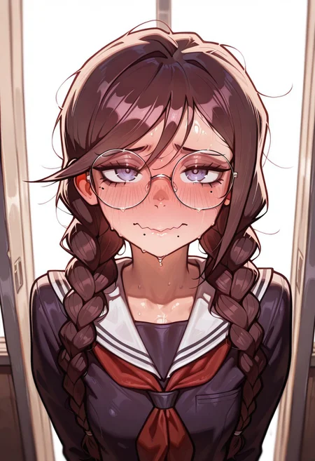 score_9, score_8_up, score_7_up, rating_suggestive, stunning, best quality, high quality, absurd res, ((portrait)), 1girl, solo, portrait, BREAK, fukawa_toko,long hair, braid, glasses, mole, twin braids, mole under mouth,round eyewear, bangs,brown hair,school uniform, serafuku, long sleeves,sailor collar, neckerchief, pleated skirt, looking at viewer, horny, blushing, sweating wavy mouth