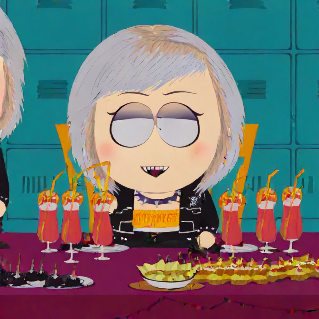 katie gelson from south park, 1girl, short white hair with blonde highlights, open mouth, vampire, drinking glass, smile, eyeshadow, black pants, black nails, collar, short hair, grey hair, locker room, black undershirt under a black jacket, black shoes, drinking straw, belt, forest, punk spiked bracelet, parody, chibi, food