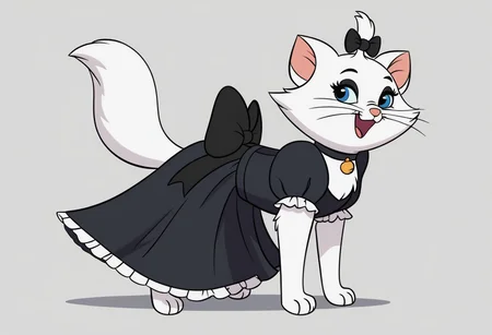 score_9, score_8_up, score_7_up BREAK KittyMarie, 1girl, cat, white fur, blue eyes, pink nose, whiskers, tail, black hair bow, full body, solo focus, alone, happy, goth fashion, gothic dress, dark makeup, cartoon, source_cartoon,