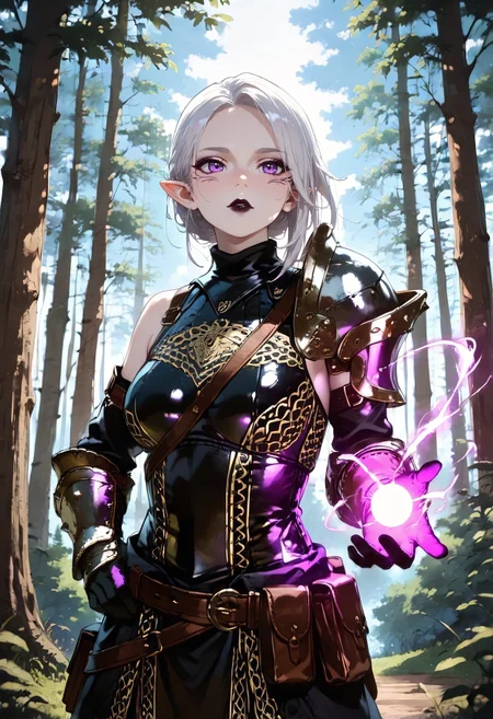 Smooth_Quality, masterpiece, best quality, highres,  absurdres, 1girl, lavellan, skinstalks armor, dark lipstick, facial markings, purple eyes, dark eye shadow, pale skin, breasts, casting magic, action pose, exterior, forest,  <lora:lavellan_ill:0.8>
