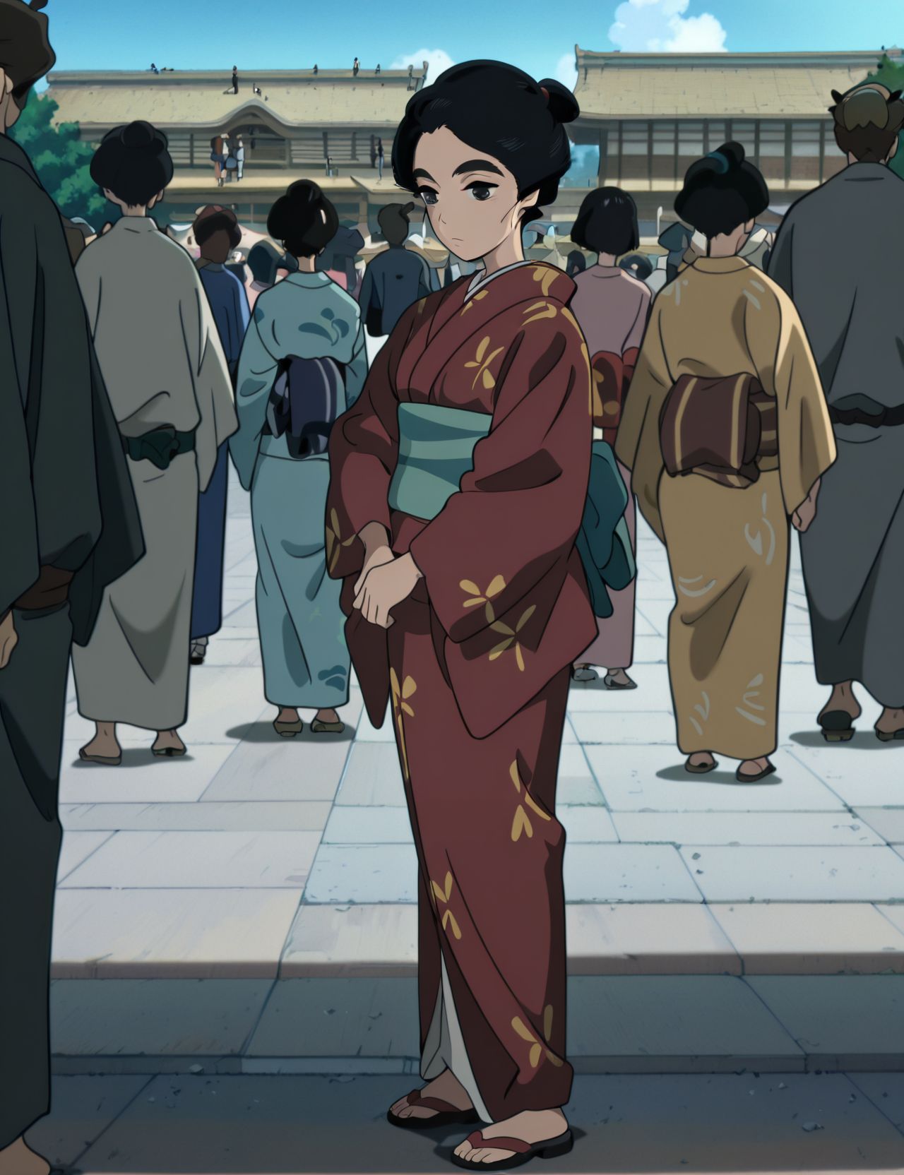 masterpiece,best quality,newest,absurdres,highres,detailed eyes,beautiful,detailed background,perfect eyes,anime coloring,anime screencap,
<lora:Miss_HOKUSAI:1>sarusubeniV1,
black hair,kimono,japanese clothes,
closed mouth,1girl, standing, full body, 
black eyes,m_oei, solo focus, solo, 
outdoors, day,  crowd,