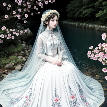 original, (masterpiece), (illustration), (extremely fine and beautiful), (perfect details), (beautiful and clear background:1.25), (depth of field:0.7), (stands aside the river:1.15). (cute:1.3), (detailed beautiful eyes:1.3), (beautiful face:1.3), silver hair, silver ear, (pink hair:0.7), (pink ear:0.7), long hair, (hair blowing with the wind:1.1), (blue eye:1.1), (female internet celebrity:1.2), butterflys flying around, (moon light:0.6), tree, (summer), (night:1.2), (close-up:0.35), (gloves:0.8), solo,full body,hjy<lora:hjy-10:0.7>