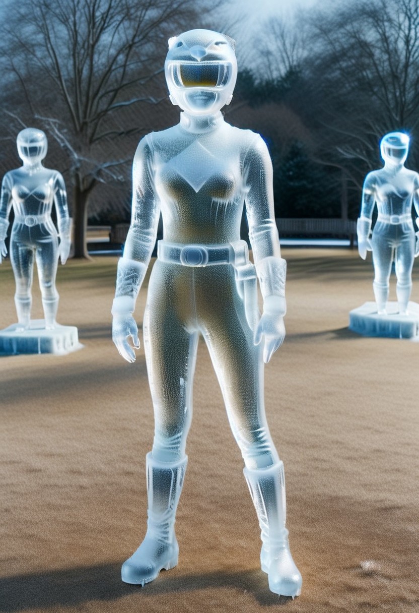 ice statue of female yellow-power-ranger, alone, morphed, helmet, ice catsuit, ice gloves belt boots holster, entirely made of ice, standing square-on, in rural park, arms slightly-outstretched, full body photo, hyperdetailed photography