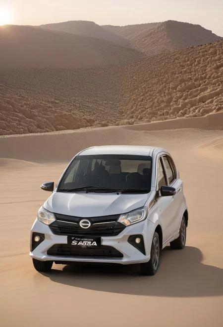 high resolution, best quality, Car, Daihatsu Sigra, Desert trail, cacti, setting sun,