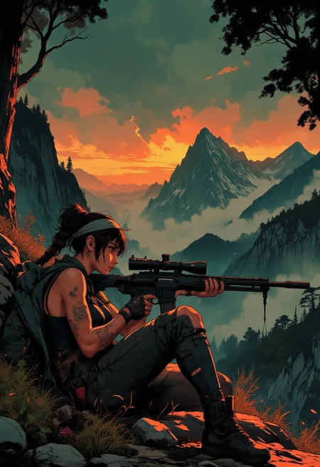 In the style of ff-td, nistyle, Silhouette Art, magnificent, crisp lines, closeup portrait of stunning mercenary, jungle, tropical, mountain top, overlooking a huge valley, beautiful girl, breasts, curvy, looking down scope, looking away from viewer, laying on the ground, laying ontop of jacket, aiming a sniper rifle, dark braided hair, backwards hat, armor, sleeveless, cutoff tanktop, holes ripped in pants, arm sleeve tattoos, muscle tone, dogtags, sweaty, foreshortening, depth of field, at night, night, tropical,
Closeup, detailed face, freckles,