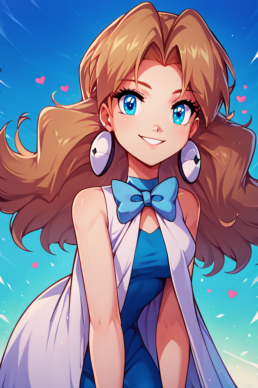 score_9, score_8_up, score_8, medium breasts, (curvy), cute, eyelashes,       BREAK, , <lora:Molly_Pokemon_PDXL:0.8>,  zzMolly,  blue eyes, brown hair, parted bangs, long hair,  jewelry, earrings, bow, bowtie, sleeveless, blue bow, dress, white coat,  , BREAK, looking at viewer,  smile, upper body, leaning forward, head tilt,  embedding:zPDXL, Expressiveh, <lora:theButcherXPDXL:1.0>, <lora:CatalystStylePDXL:0.6>,  <lora:SDXLFaeTastic2400:0.5>,  <lora:Expressive_H-000001:0.4>,