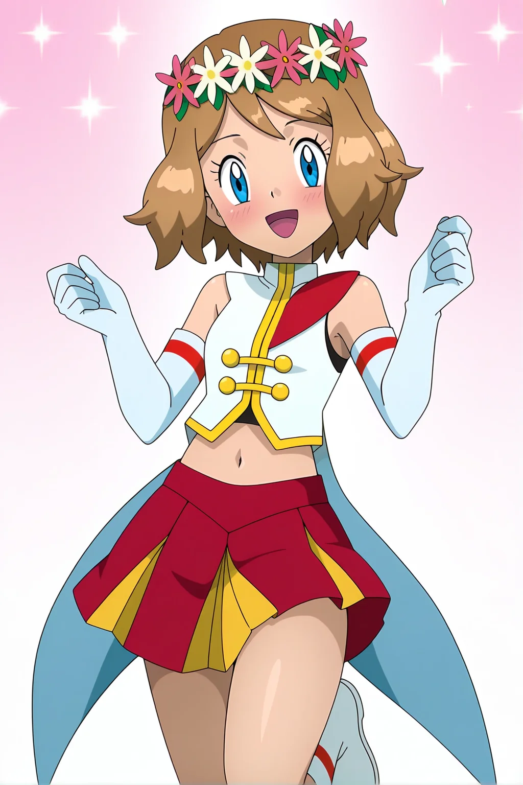 anime, anime screencap, pokemon, serenadorixlc, 1girl, solo, looking at viewer, blush, smile, short hair, open mouth, blue eyes, skirt, simple background, brown hair, gloves, white background, navel, flower, :d, pleated skirt, sleeveless, elbow gloves, midriff, white gloves, red skirt, leg up, head wreath, serena \(pokemon\)
<lora:Serena_doridorich:1>