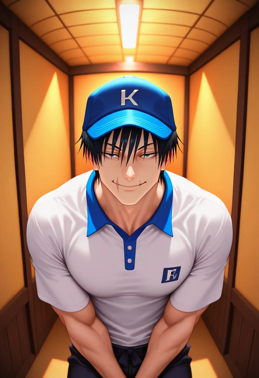 masterpiece, best quality, , (3d:0.4), , 1boy, solo, male focus, <lora:touji_fushiguro_ilxl:0.9>, touji_fushiguro, black hair, black eyes, short hair, hair between eyes, bangs, , scar on mouth, symmetry, atlantis, indoors, v arms, naughty smile, khakis, golf cap