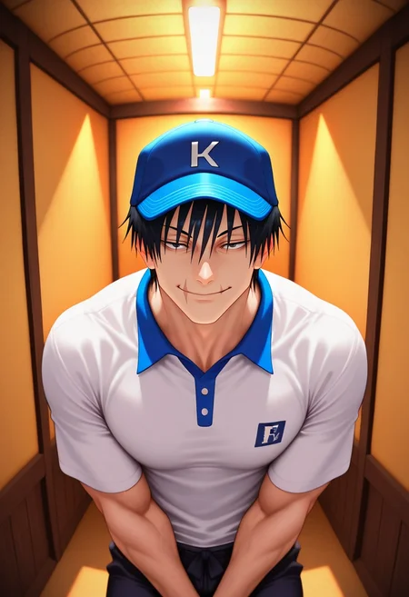 masterpiece, best quality, , (3d:0.4), , 1boy, solo, male focus, <lora:touji_fushiguro_ilxl:0.9>, touji_fushiguro, black hair, black eyes, short hair, hair between eyes, bangs, , scar on mouth, symmetry, atlantis, indoors, v arms, naughty smile, khakis, golf cap