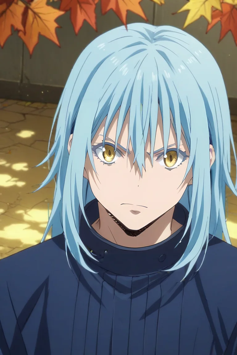 score_9, score_8_up, score_7_up, score_6_up, score_5_up, score_4_up, BREAK source_anime, (realistic:0.6), , upper body, , 1boy, male focus, solo, <lora:rimuru_tempest_pony:0.96>, rimuru_tempest, blue hair, yellow eyes, long hair, bangs, hair between eyes, ,, autumn, , <lora:sdxl_lightning_8step_lora:1>