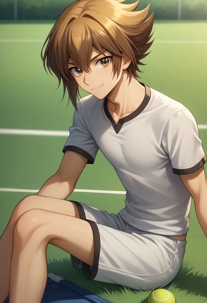 score_9, score_8_up, source_anime, highly detailed, 1boy, solo, slender, skinny, 
jaden, 1boy, solo, male focus, brown hair, brown eyes, multicolored hair, smile, sportwear, short pants, short sleeve, tennis clothes, upper body, sit,
outdoor, grass,