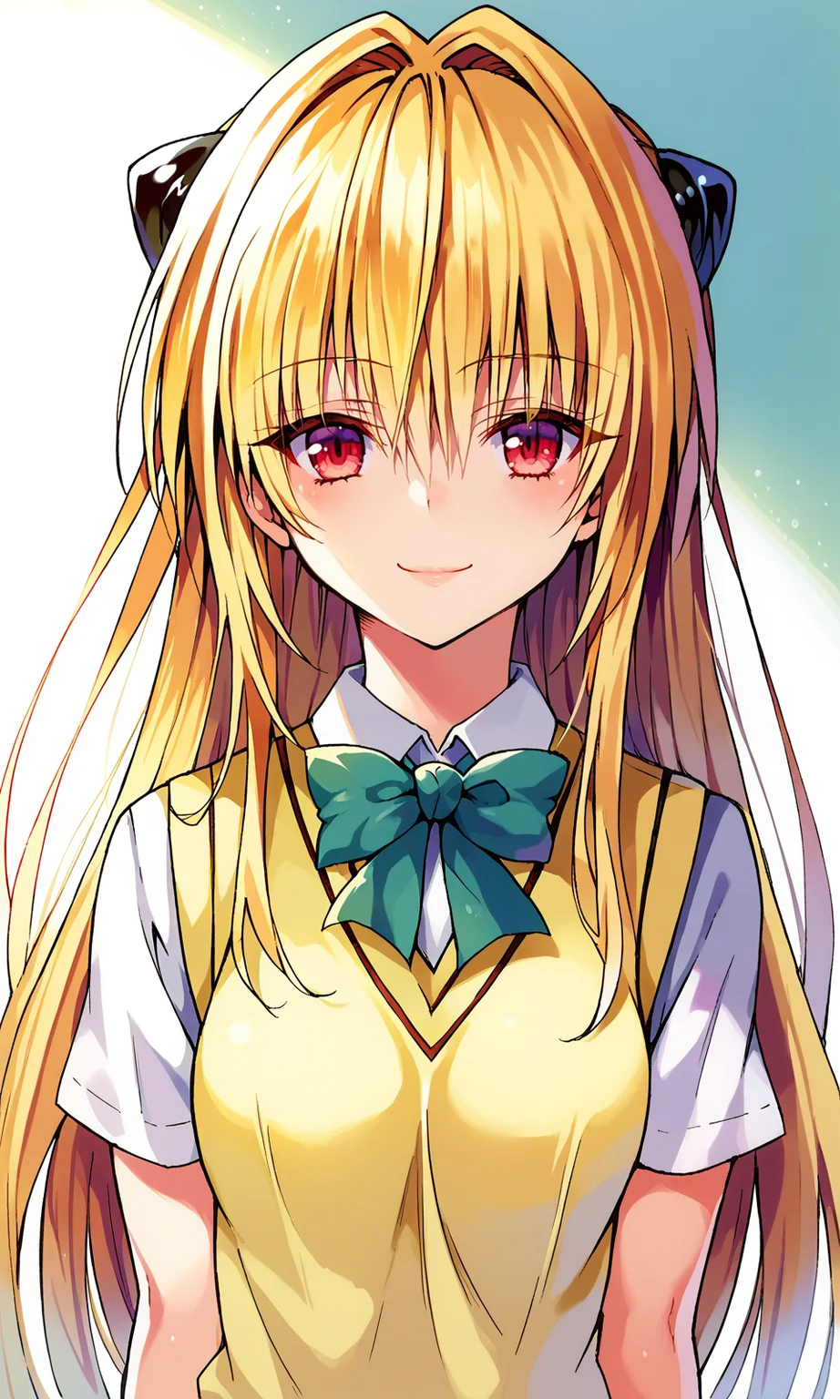 YabukiKentarou, to love-ru, score_9, score_8_up, score_7_up BREAK
konjiki no yami, red eyes, blonde hair, hair intakes, long hair, hairpods, school uniform, skirt, sweater vest, looking at viewer, light smile, upper body, cowboy shot,
<lora:YabukiKentarou_Pony_V2:1>