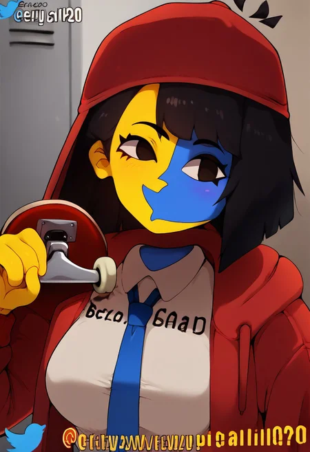 score_9, score_8_up, score_7_up, ((source_cartoon)), twitter watermark, solo, 1girl, sexy girl, Ena, short hair, bangs, black hair, blunt bangs, colored skin, (colored skin, yellow skin, blue skin, skindentation, two-tone skin, split-color skin:1.2), red jacket, red headwear, red baseball caps, ?. hood, hood down, white shirt, thick clothing, stylish, holding skateboard, fingers, portrait, close up, upper body, wide hips, thick thighs, lockers, skate park, (blue necktie), english text