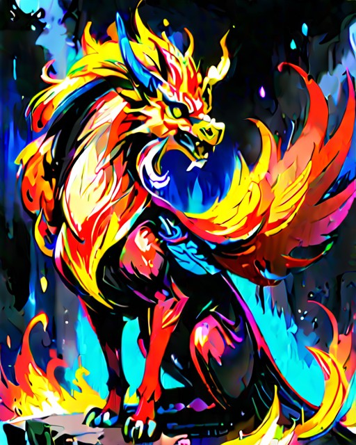 illustration of a powerful (qilin, mythical powerful bird, in flames, vibrant colors, large and majestic wings long flowing tail feathers, resplendent radiant plumage immortality, renewal, rebirth, rise from the ashes) BREAK fantastical background <lora:neg4all_bdsqlsz_xl_V9:0.7> <lora:detailed_notrigger:0.7> <lora:EnvyEnhanceXL01:0.7> <lora:Dark_Novel:0.7>