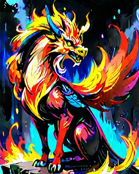 illustration of a powerful (qilin, mythical powerful bird, in flames, vibrant colors, large and majestic wings long flowing tail feathers, resplendent radiant plumage immortality, renewal, rebirth, rise from the ashes) BREAK fantastical background <lora:neg4all_bdsqlsz_xl_V9:0.7> <lora:detailed_notrigger:0.7> <lora:EnvyEnhanceXL01:0.7> <lora:Dark_Novel:0.7>