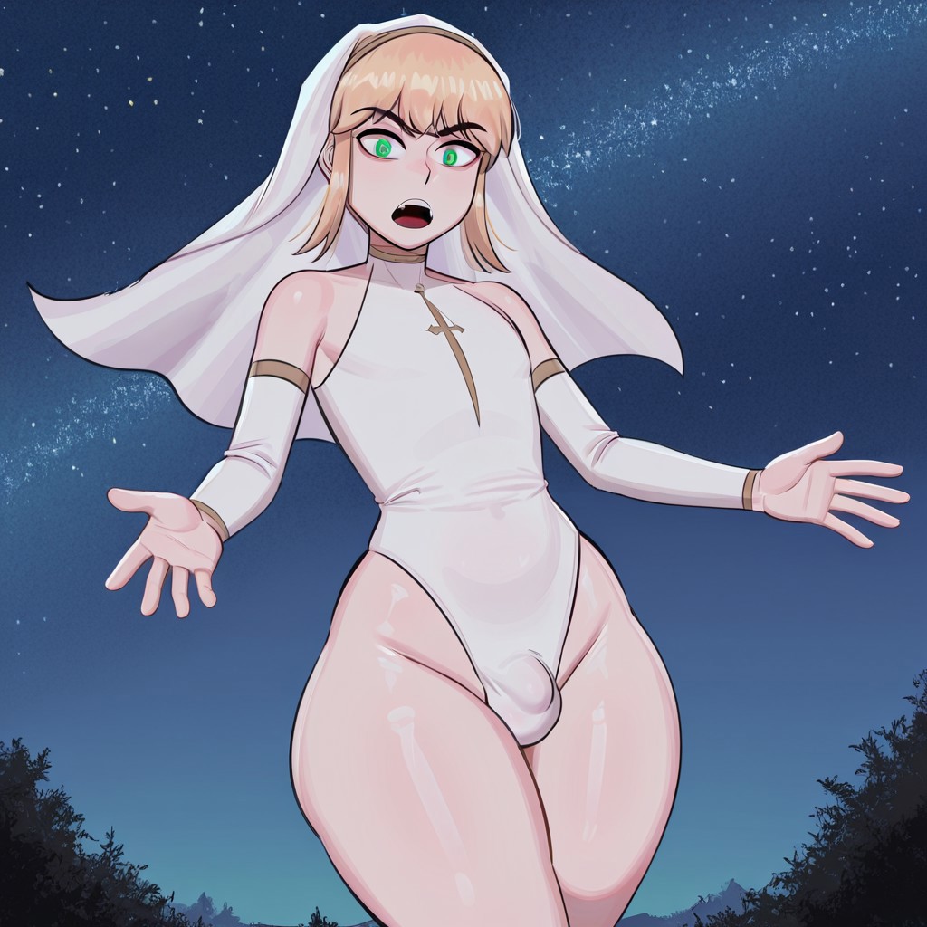 Kieren,blonde hair,medium hair,green eyes,,veil,white leotard,,1boy,solo,expressive, masterpiece,best quality,amazing quality,,solo,wide hips,thick thighs,nighttime,starry sky,dynamic pose,looking at viewer,bulge