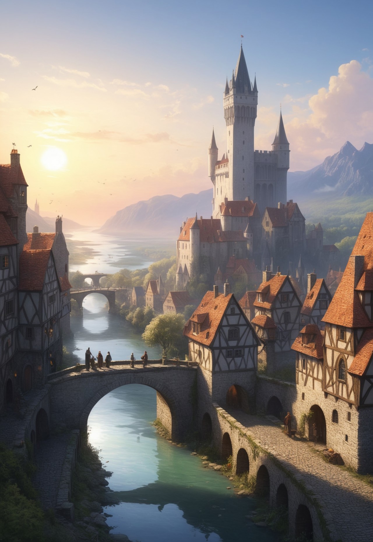 A masterful digital painting by Greg Rutkowski portraying the streets of a sprawling medieval city in a fantasy realm, with river, bridges, a white tower, walls, sparkling, majestic, beautiful, stunning, dreamlike, ethereal, magic, art, extremely detailed, masterpiece. The scene is set at sunset, with sharp focus and clarity. The landscape is featuring ultra-highly detailed and intricately posed characters. The intricate details and sharp focus of the painting give it a watercolor-like appearance, making it highly sought after and trending on ArtStation. The highly detailed and intricate elements of the scene are showcased in a studio photo, capturing the essence of a dreamlike, magical fantasy world.
 (8k uhd:1,4)
(((full-clothed))),
 <lora:add-detail-xl:1>
 <lora:Dynamic Poses:1>