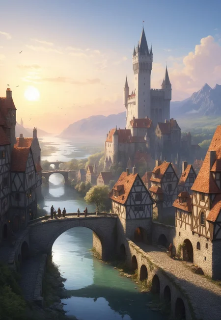 A masterful digital painting by Greg Rutkowski portraying the streets of a sprawling medieval city in a fantasy realm, with river, bridges, a white tower, walls, sparkling, majestic, beautiful, stunning, dreamlike, ethereal, magic, art, extremely detailed, masterpiece. The scene is set at sunset, with sharp focus and clarity. The landscape is featuring ultra-highly detailed and intricately posed characters. The intricate details and sharp focus of the painting give it a watercolor-like appearance, making it highly sought after and trending on ArtStation. The highly detailed and intricate elements of the scene are showcased in a studio photo, capturing the essence of a dreamlike, magical fantasy world.
 (8k uhd:1,4)
(((full-clothed))),
 <lora:add-detail-xl:1>
 <lora:Dynamic Poses:1>
