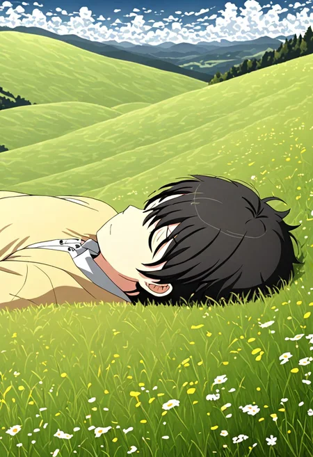 high resolution, solo, best quality, 1Boy, Inaho Kaizuka, Black Hair, relax, sleep, meadow, hill, cloudy, OverallDetail