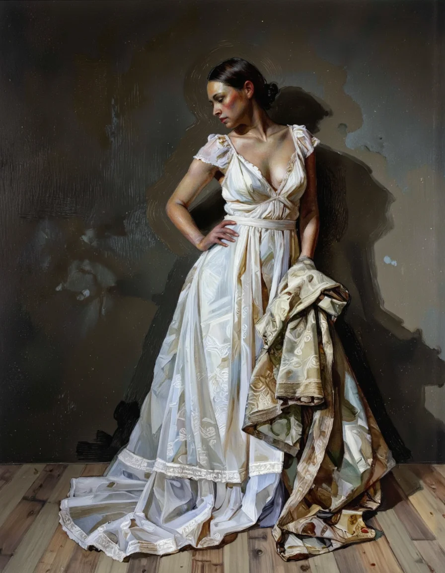 By Craig Hanna. A realistic digital painting of a woman standing in a contemplative pose, wearing a long, white dress with intricate patterns and a matching shawl draped over her left shoulder. the woman, who appears to be in her late 20s or early 30s, has dark skin, dark hair tied in a bun, and a serious expression. she is standing in the middle of the image, facing away from the viewer, with her full body visible. the background is a dark, textured wall, and the floor is made of light-colored wood. the lighting is soft and diffused, casting gentle shadows on the woman's face and body. the style is realistic with a touch of realism, featuring detailed textures and a muted color palette.