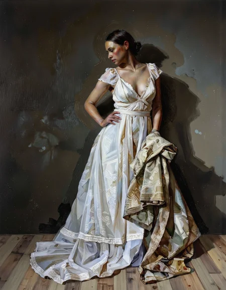 By Craig Hanna. A realistic digital painting of a woman standing in a contemplative pose, wearing a long, white dress with intricate patterns and a matching shawl draped over her left shoulder. the woman, who appears to be in her late 20s or early 30s, has dark skin, dark hair tied in a bun, and a serious expression. she is standing in the middle of the image, facing away from the viewer, with her full body visible. the background is a dark, textured wall, and the floor is made of light-colored wood. the lighting is soft and diffused, casting gentle shadows on the woman's face and body. the style is realistic with a touch of realism, featuring detailed textures and a muted color palette.