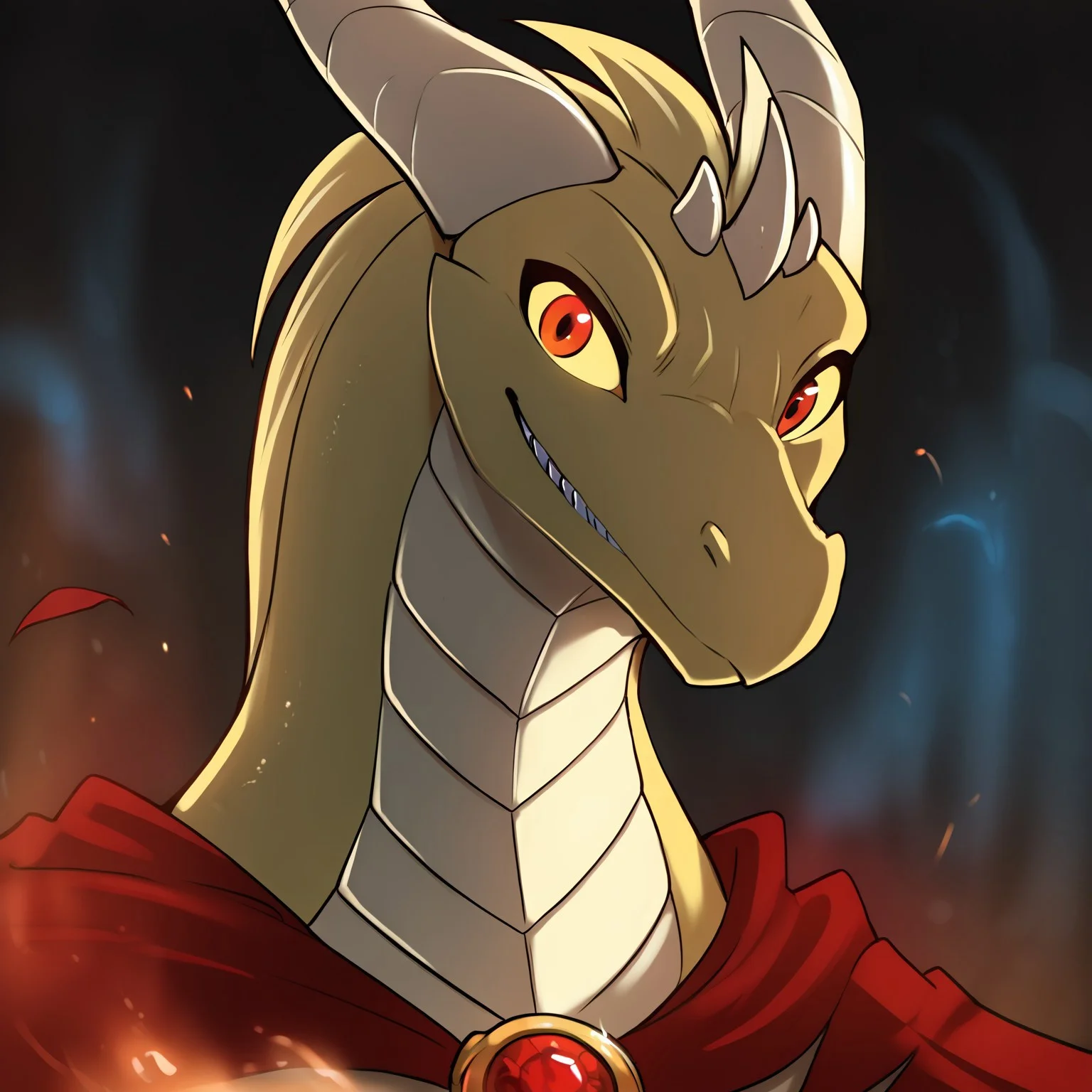 score_9, score_8_up, score_7_up, score_6_up, source_furry, by inno-sjoa, by tomfischbach,
BREAK
masterpiece, best quality, amazing quality, very aesthetic, high resolution, ultra-detailed, absurdres, 
dark ambient, glow, BREAK 
detailed face eyes, (detailed fire background, blue fire AND red fire:1.1), highly detailed, absurdres, cinematic lighting, 
looking at viewer, intimidating, smirk, smug, grin, crazy smile, sharp teeth, portrait, face focus, dutch angle, depth of field,
BREAK
solo male, dragon-clovis-twokinds, red eyes, yellow sclera, dragon tail, flowing red cape, medallion, feral dragon, scalie, 