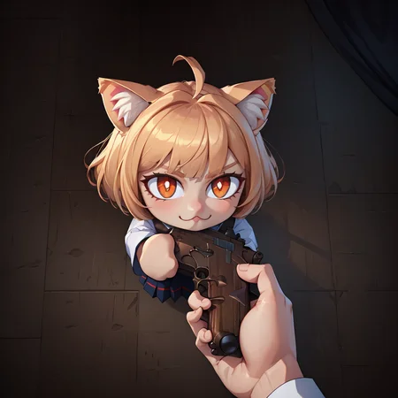 (masterpiece, best quality, absurdres, 4k, aesthetic, detailed, intricate, perfect lighting),necoarc,animal ears, cat ears, blonde hair, slit pupils, :3, bangs, antenna hair, short hair, cat girl, anzhcgodoacrime,from above, chibi, pov, holding gun <lora:AnzhcGoDoACrime2_118390:1> <lora:necoarc:0.8>