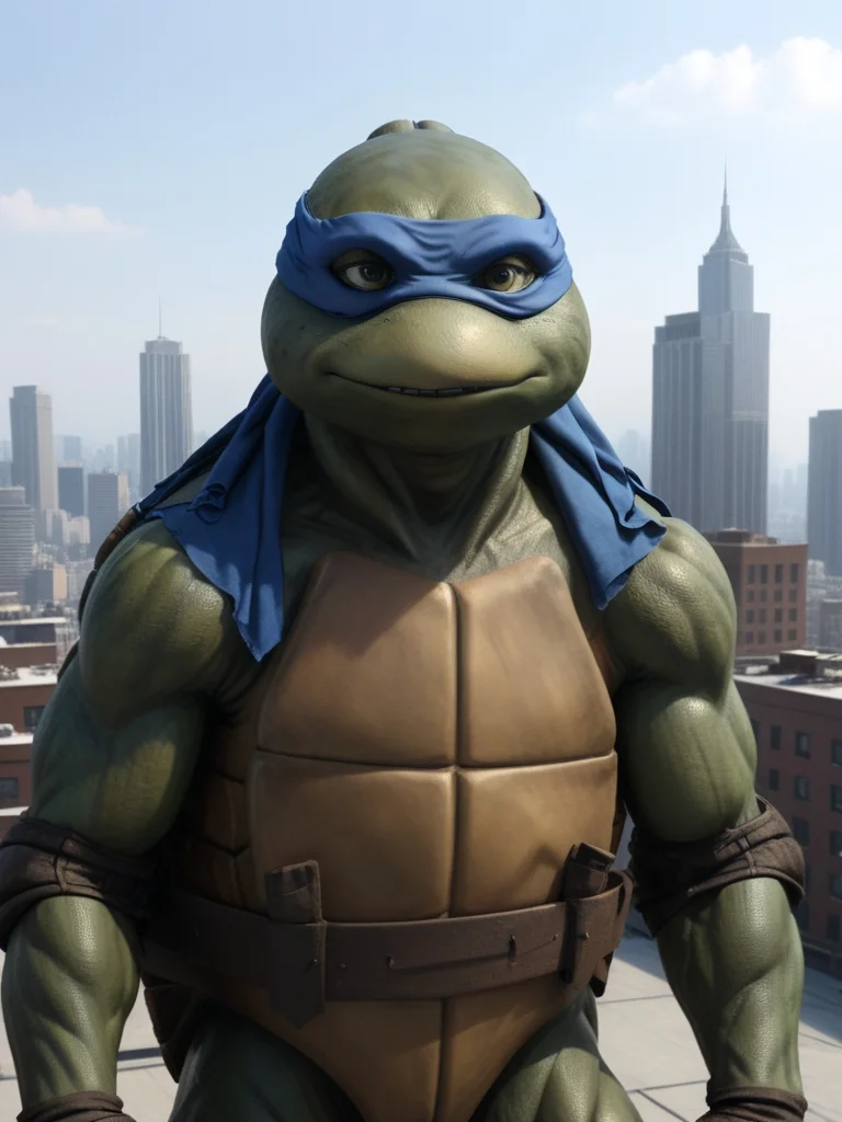 full body shot, TMNTLeonardo, a teenage mutant ninja turtle, wearing blue bandana mask with eye-holes, standing on a city rooftop during the day, skyscrapers and rooftops and day sky in the background, <lora:TMNT_Turtles_AIO_SDXL-000009:1>