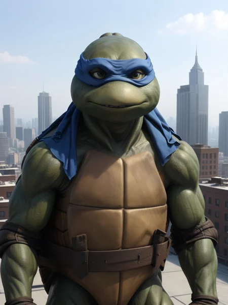 full body shot, TMNTLeonardo, a teenage mutant ninja turtle, wearing blue bandana mask with eye-holes, standing on a city rooftop during the day, skyscrapers and rooftops and day sky in the background, <lora:TMNT_Turtles_AIO_SDXL-000009:1>