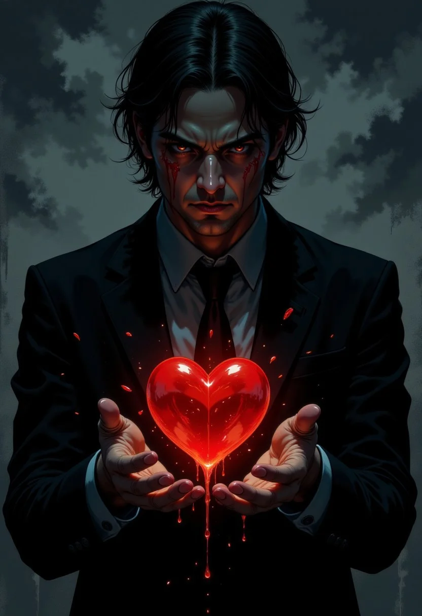 DGC style digital illustration, Magic style,
Close-up. The image is a digital illustration of a man in a dark suit holding a red heart in his hands. The man has dark hair and red eyes, and his face is covered in blood. The background is a dark grey color with a grungy texture, giving the impression of a stormy sky. The heart is dripping down the man's hands, creating a dripping effect. The overall mood of the image is dark and ominous.