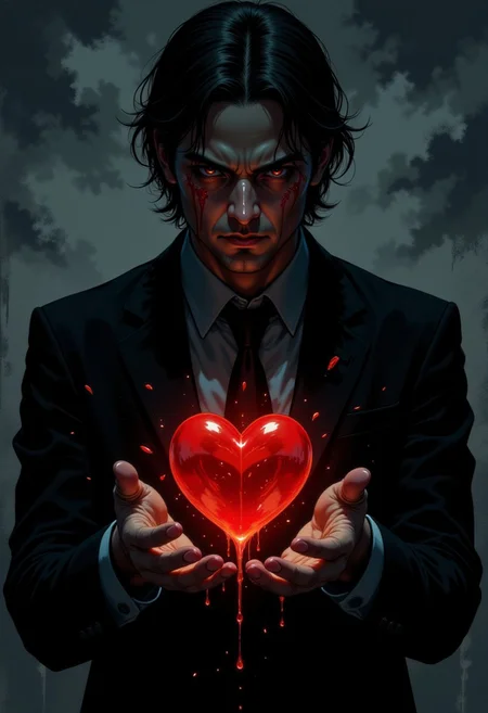 DGC style digital illustration, Magic style,
Close-up. The image is a digital illustration of a man in a dark suit holding a red heart in his hands. The man has dark hair and red eyes, and his face is covered in blood. The background is a dark grey color with a grungy texture, giving the impression of a stormy sky. The heart is dripping down the man's hands, creating a dripping effect. The overall mood of the image is dark and ominous.