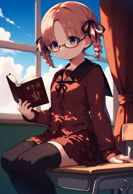 score_9, score_8_up, score_7_up, source_anime, BREAK, <lora:Zankuro_Style_Pony:1>, 1girl, solo, <lora:Nemu:0.8>, Hiiragi Nemu, glasses, red seifuku, black sailor collar, black ribbon, long sleeves, black buttons, skirt, black legwear, sitting at desk, reading book, emotionless, closed mouth, classroom, window, blue sky, clouds, indoors, <lora:Test:0.9>, detailed background