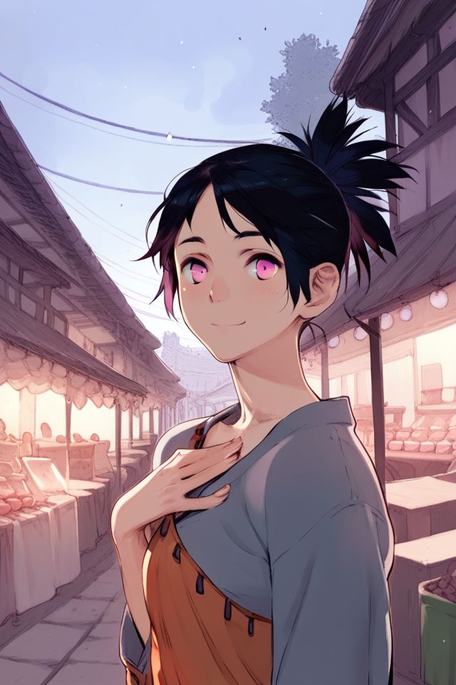 score_9, score_8_up, score_7_up, 1girl, happy, black hair, side-swept_fringe, pink eyes, medium breasts, hand_on_own_chest, market, foggy atmosphere <lora:toi8_PonyXL_style_v01:1>
