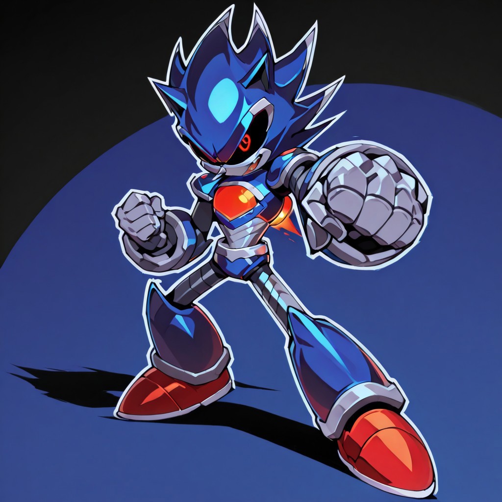 gurlagcatch, Metallix, red glowing eyes, robot, glowing red energy core, blue metal skin, black sclera, pointy metal nose, red shoes, clenched hands, red orbs on its forearms, white details on its edges, white spikes on its head, thruster on its back, solo, dynamic angle, thick outline, wide shot, dynamic pose, dramatic shadow,