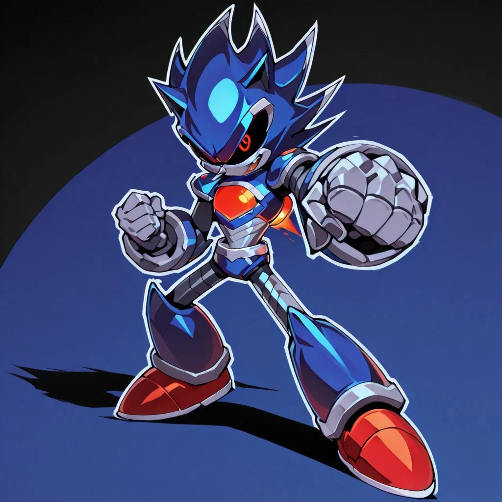 gurlagcatch, Metallix, red glowing eyes, robot, glowing red energy core, blue metal skin, black sclera, pointy metal nose, red shoes, clenched hands, red orbs on its forearms, white details on its edges, white spikes on its head, thruster on its back, solo, dynamic angle, thick outline, wide shot, dynamic pose, dramatic shadow,