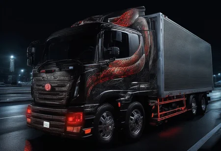 (masterpiece, best quality), highly detailed, ultra-detailed, (night), (city highway), (large truck), (truck bed side:1.3), (japanese tattoo style:1.4), (evil snake:1.5), (serpent scales), (detailed scales), (snake fangs), (glowing red eyes), (menacing), (dark color scheme), (headlights on), (streetlights:1.2), (motion blur:0.8), (high speed), (asphalt road), (reflections), (night atmosphere),Japanese truck