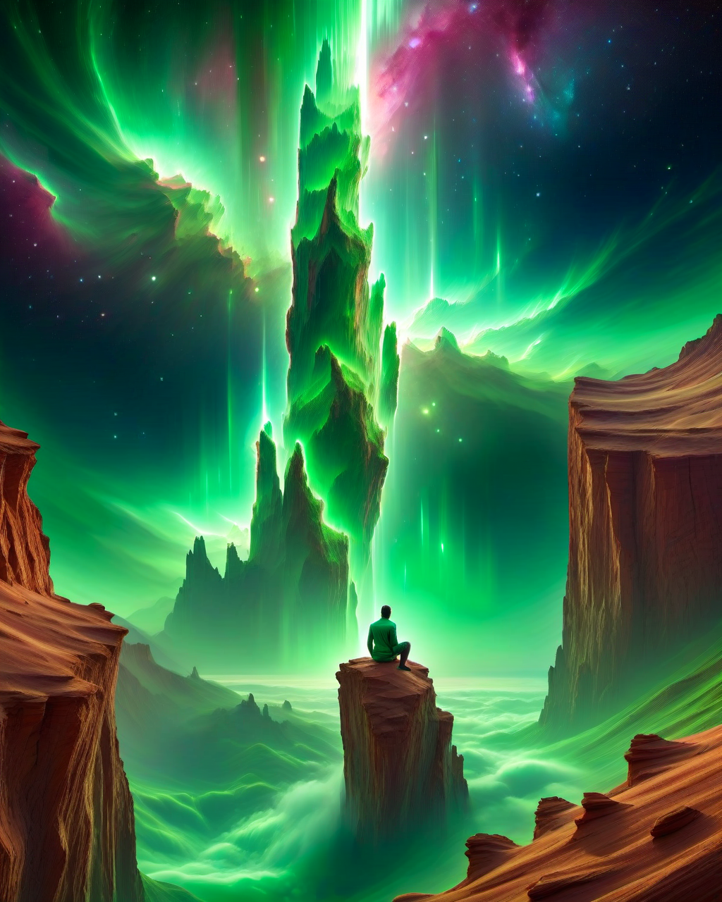 (Masterpiece, Best Quality, Highres:1.2),a person sitting on a cliff, a desert below, in the sky green pillar nebula upside down, high fidelity, clarity, realistic, 4k, masterpiece
