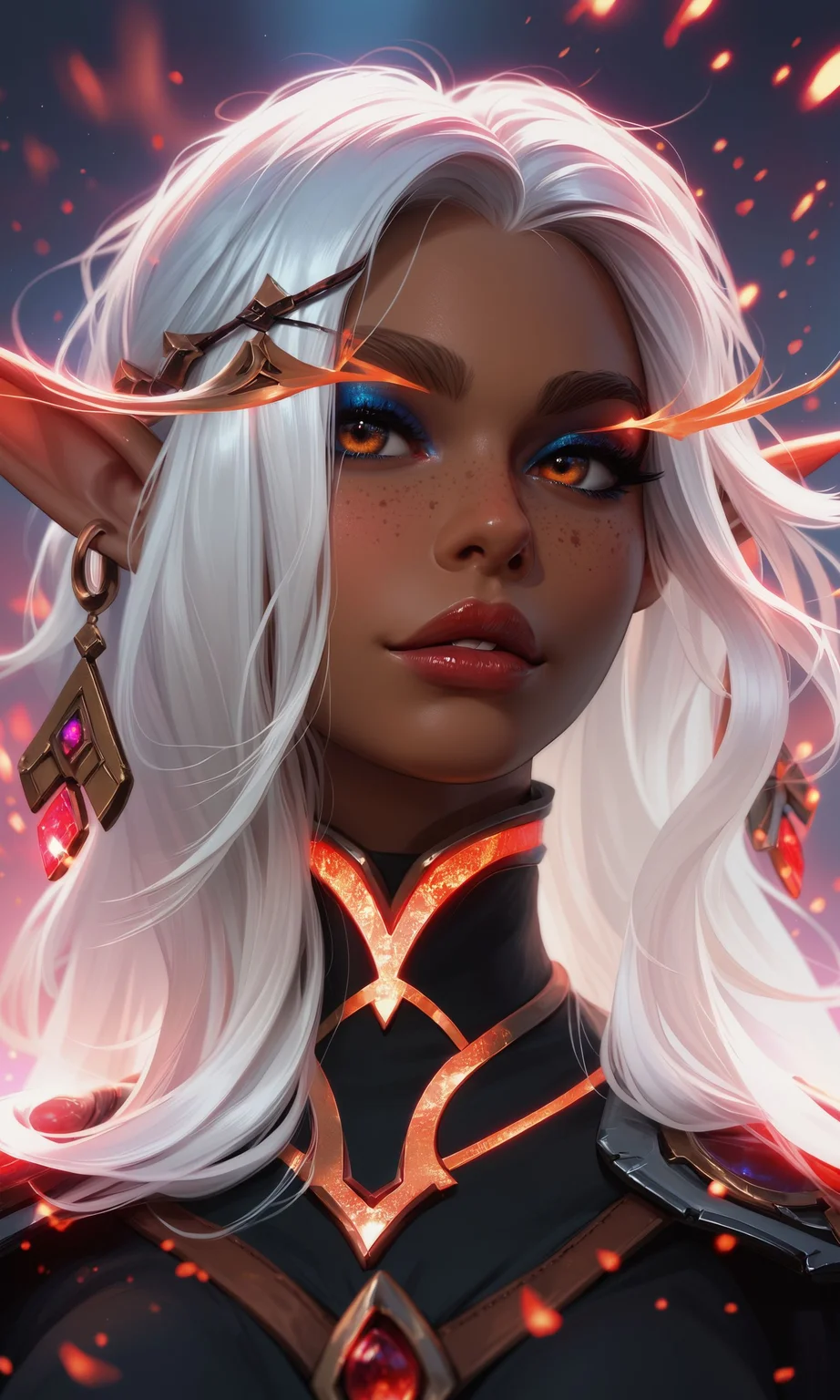 score_9, score_8_up, score_7_up, rating_explicit,
masterpiece, best quality, absurdres, hyperdetailed, hyperrealistic, raw photo,
solo, (elf warlock:1.2), white hair, brown eyebrows, freckles, pointed ears, (big lips:0.6), makeup, dark skin, (black clothing with glowing red accents:1.2)