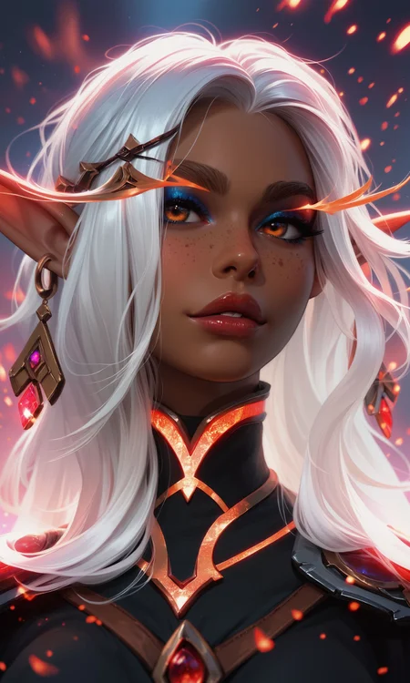 score_9, score_8_up, score_7_up, rating_explicit,
masterpiece, best quality, absurdres, hyperdetailed, hyperrealistic, raw photo,
solo, (elf warlock:1.2), white hair, brown eyebrows, freckles, pointed ears, (big lips:0.6), makeup, dark skin, (black clothing with glowing red accents:1.2)