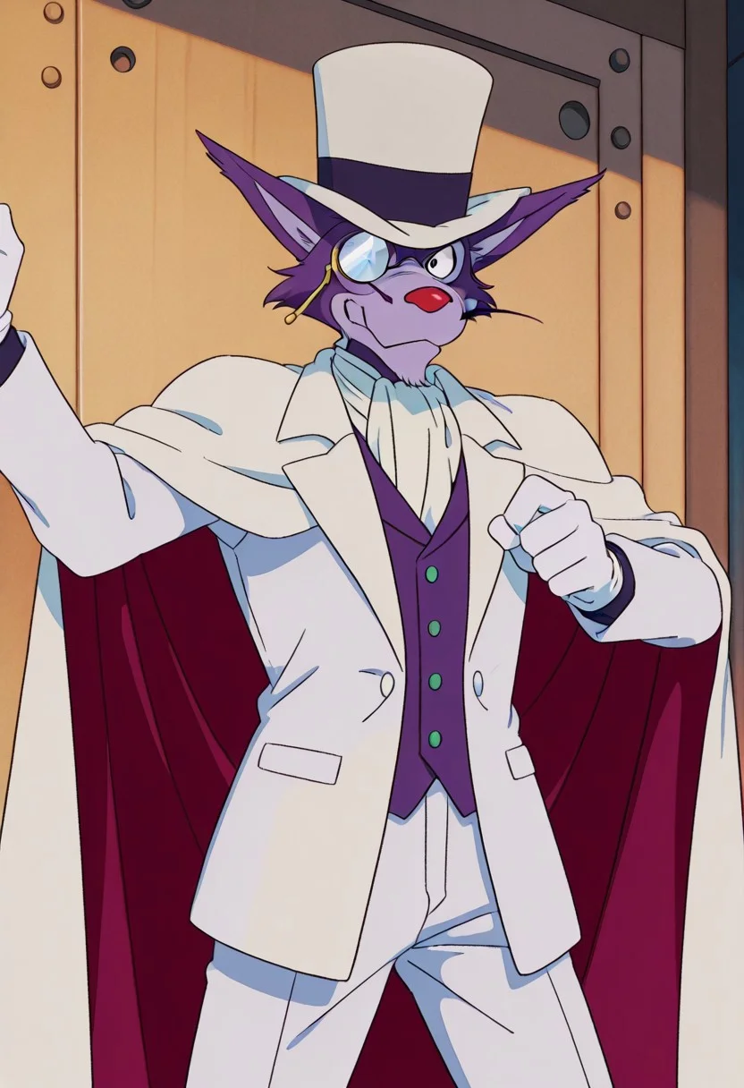 score_9, score_8_up, score_7_up, score_6_up
,
1boy, solo, Professor Moriarty, wolf, white pants, furry, white jacket, white cape, monocle on eye, white bowler hat, whiskers, red nose, ears spread out, Anime, male, purple body