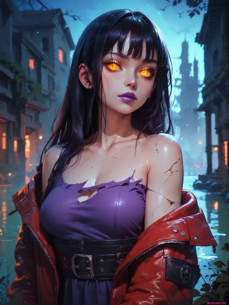 Score_9, score_8_up, score_7_up, score_6_up, score_5_up, solo, from behind, looking_back, looking at viewer, long hair, dark hair, upperbody, breasts, Glowing, collarbone, cracked skin, Glowing eyes, yellow eyes, single bare shoulder, torn clothes, purple lips, orange eyes, slit pupil, colored sclera, torn jacket, purple dress, red jacket, bettereyes, detailed_eyes,
Outdoors, swamp, cityscape, archaic, night sky, night, ruins, tree, city, gothic architecture, fog, mist,
<lora:Concept_Eye_Detail_-_Pony-000004:0.8> zPDXL2 <lora:g0th1cPXL:0.5>
